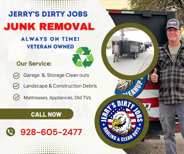 Jerry smiling and giving a thumbs-up next to an advertisement for junk residential junk removal services at "jerry's dirty jobs.