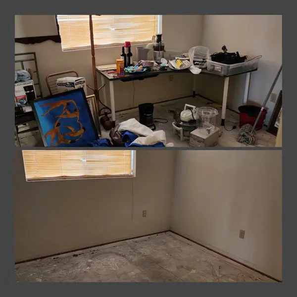 A before and after comparison of a room, the top image showing a cluttered desk and disarray, the bottom image displaying an empty and cleared space.