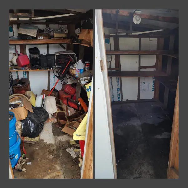 A before and after of a cluttered storage room with various items and boxes scattered on the floor and shelves. After the room is cleared and empty.